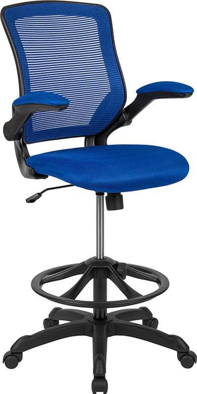 Alt view image 8 of 20 - Mid-Back Blue Mesh Ergonomic Drafting Chair with Adjustable Foot Ring and Flip-Up Arms