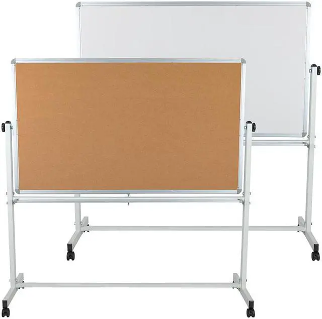 Alt view image 8 of 20 - HERCULES Series 62.5"W x 62.25"H Reversible Mobile Cork Bulletin Board and White Board with Pen Tray