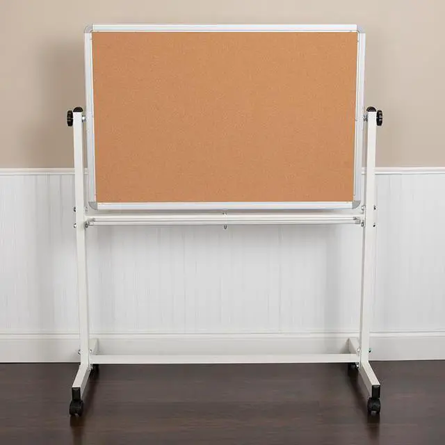 Alt view image 9 of 20 - HERCULES Series 45.25"W x 54.75"H Reversible Mobile Cork Bulletin Board and White Board with Pen Tray