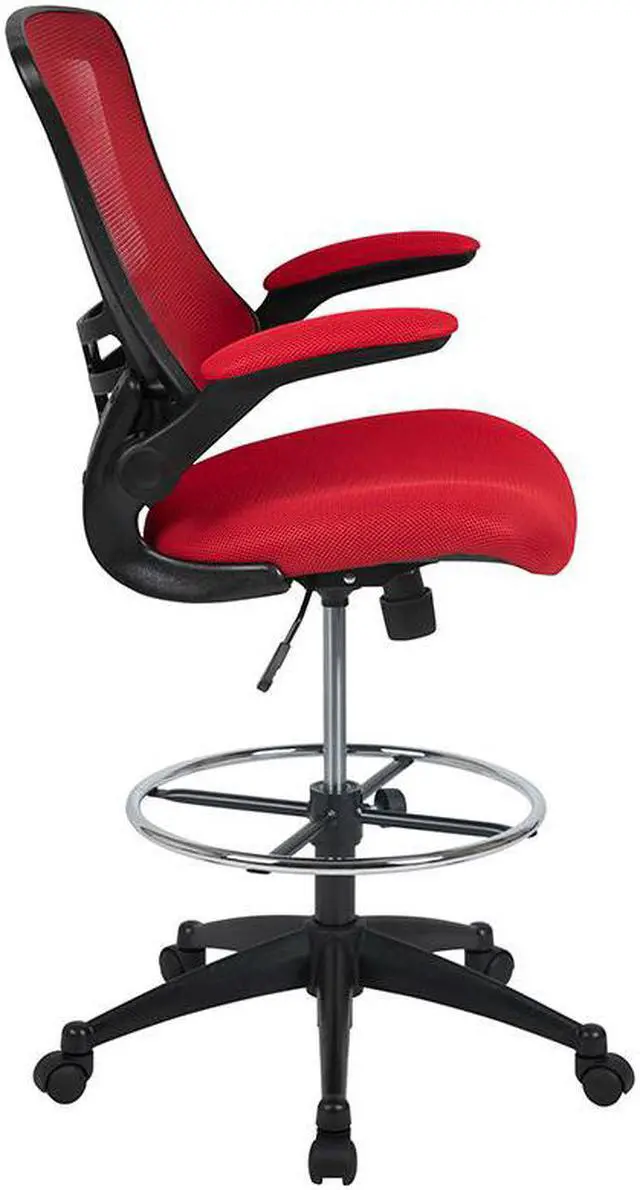 Alt view image 10 of 20 - Mid-Back Red Mesh Ergonomic Drafting Chair with Adjustable Foot Ring and Flip-Up Arms