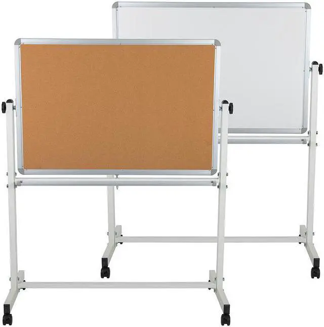 Alt view image 8 of 20 - HERCULES Series 45.25"W x 54.75"H Reversible Mobile Cork Bulletin Board and White Board with Pen Tray