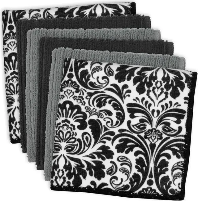 Main image of DII Black Microfiber Damask Dishcloth (Set of 6)