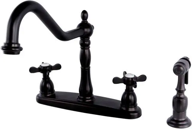 Alt view image 2 of 5 - Kingston Brass KB1755BEXBS 8 in. Centerset Kitchen Faucet & Brass Sprayer with Classic Cross Handle, Oil Rubbed Bronze