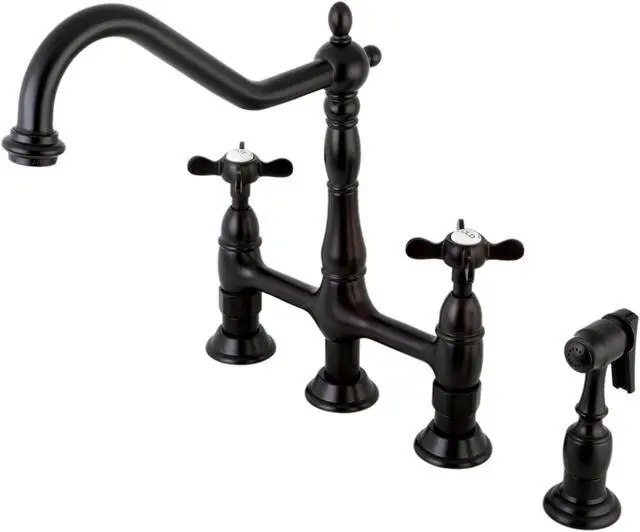 Alt view image 2 of 10 - Kingston Brass KS1275BEXBS 8 in. Centerset Kitchen Faucet & Brass Sprayer with Metal Cross Handle, Oil Rubbed Bronze