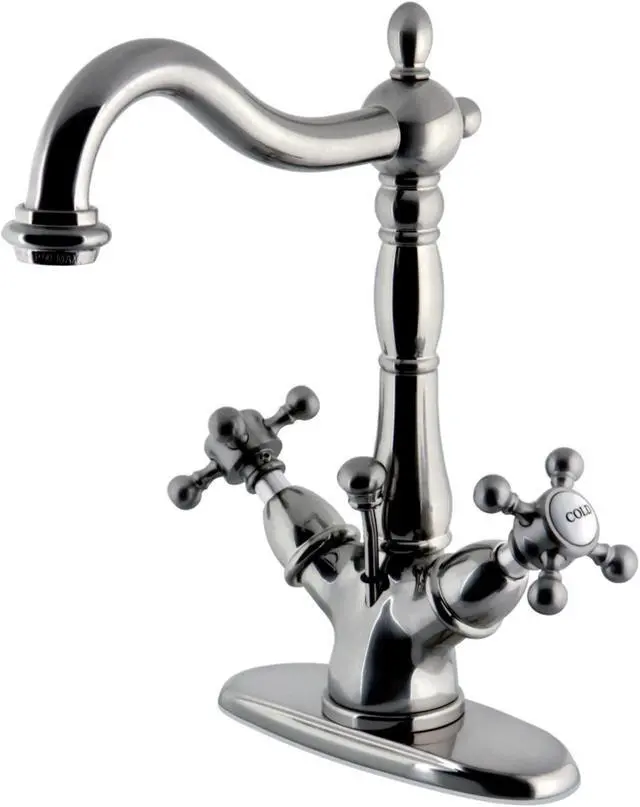Alt view image 2 of 9 - Kingston Brass KS1438BX 4 in. Deck Plate Lavatory Faucet with Cross Handle & Handle & Brass Pop-Up, Satin Nickel