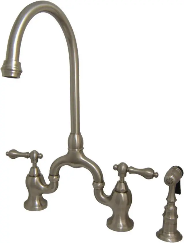 Alt view image 2 of 8 - Kingston Brass KS7798ALBS English Country Kitchen Bridge Faucet with Brass Sprayer, Satin Nickel