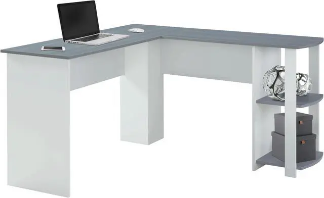 Alt view image 4 of 20 - Techni Mobili Modern L-Shaped Computer Desk with Side Shelves, Workstation Table with Particle Board Panels and Woodgrain Laminate Surface, Grey