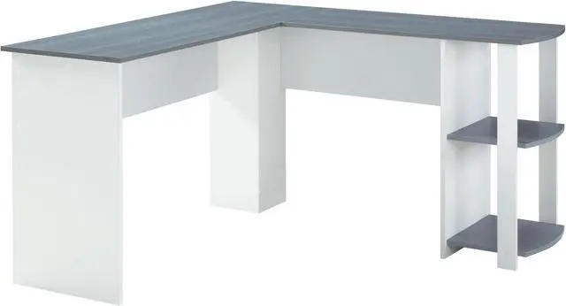 Alt view image 2 of 20 - Techni Mobili Modern L-Shaped Computer Desk with Side Shelves, Workstation Table with Particle Board Panels and Woodgrain Laminate Surface, Grey