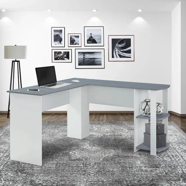 Alt view image 20 of 20 - Techni Mobili Modern L-Shaped Computer Desk with Side Shelves, Workstation Table with Particle Board Panels and Woodgrain Laminate Surface, Grey