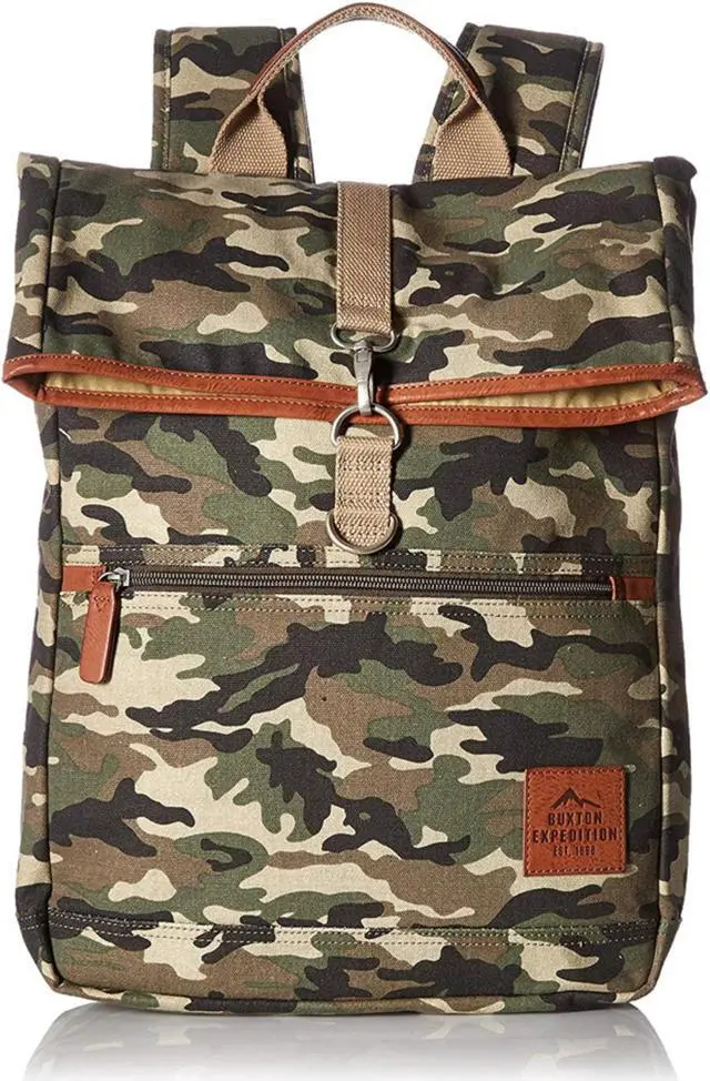 Alt view image 8 of 8 - Buxton Men's Expedition II Huntington Gear Fold-Over Canvas Backpack CAMO
