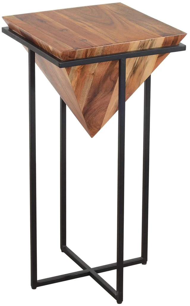 Main image of 30 Inch Pyramid Shape Wooden Side Table With Cross Metal Base, Brown and Black