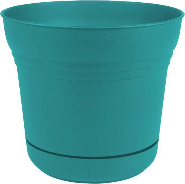 Alt view image 2 of 3 - Bloem SP1426 14 in. Saturn Planter with Saucer, Bermuda Teal