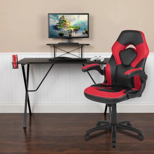 Alt view image 13 of 20 - Black Gaming Desk and Red/Black Racing Chair Set with Cup Holder, Headphone Hook, and Monitor/Smartphone Stand