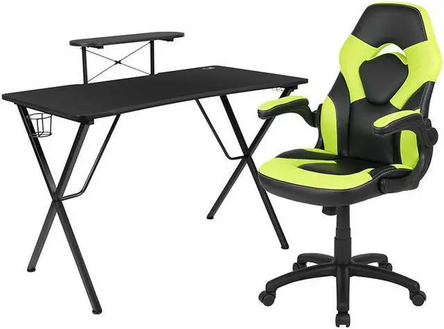 Alt view image 8 of 20 - Black Gaming Desk and Green/Black Racing Chair Set with Cup Holder, Headphone Hook, and Monitor/Smartphone Stand