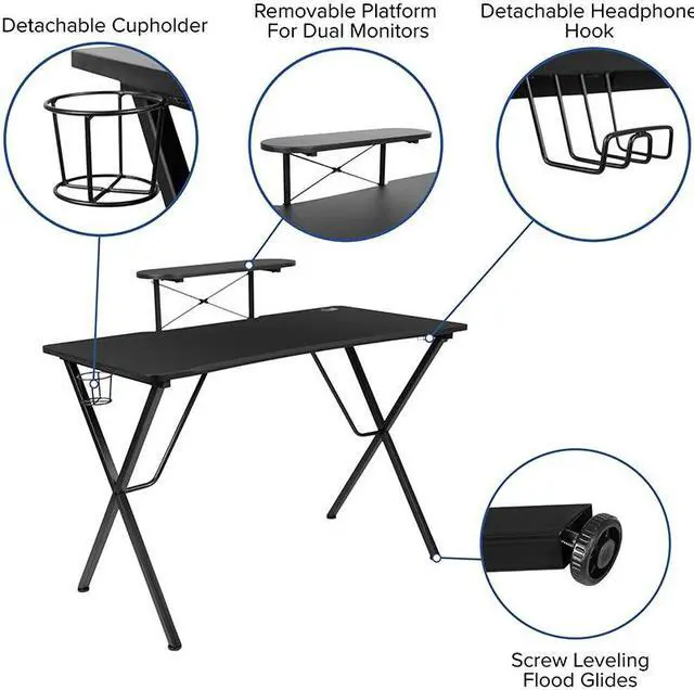 Alt view image 20 of 20 - Black Gaming Desk and Black Reclining Gaming Chair Set with Cup Holder, Headphone Hook, and Monitor/Smartphone Stand