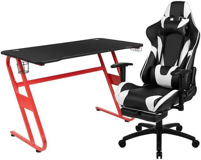 Alt view image 8 of 20 - Red Gaming Desk and Black Footrest Reclining Gaming Chair Set with Cup Holder and Headphone Hook