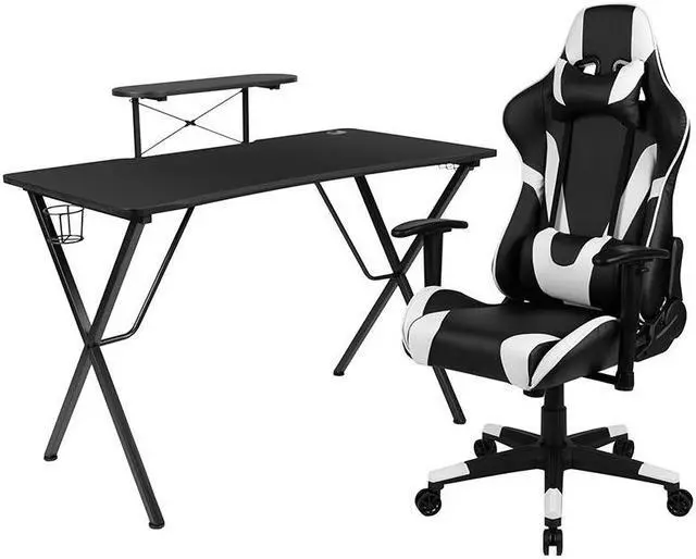Alt view image 8 of 20 - Black Gaming Desk and Black Reclining Gaming Chair Set with Cup Holder, Headphone Hook, and Monitor/Smartphone Stand
