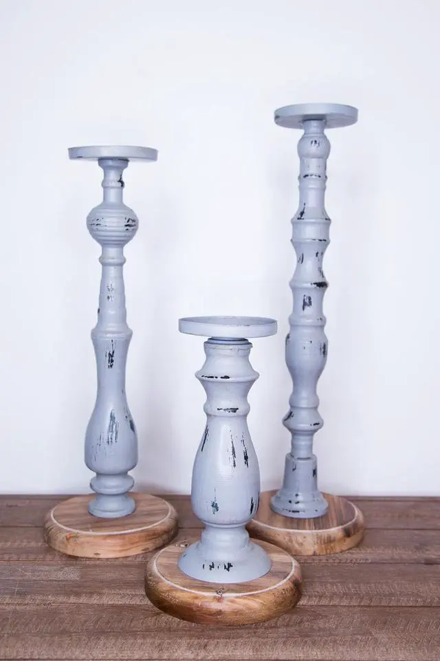 Main image of S/3 Distressed Metal and Wood Candleholders - Gray