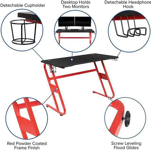 Alt view image 20 of 20 - Red Gaming Desk and Green/Black Racing Chair Set with Cup Holder and Headphone Hook