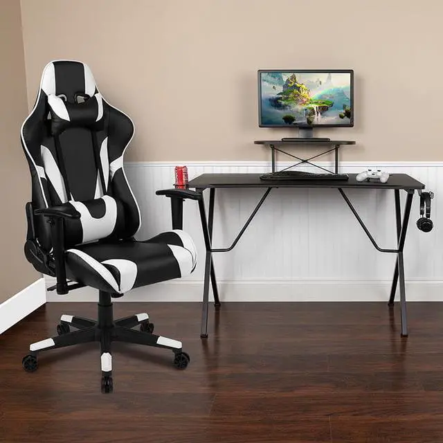 Alt view image 12 of 20 - Black Gaming Desk and Black Reclining Gaming Chair Set with Cup Holder, Headphone Hook, and Monitor/Smartphone Stand