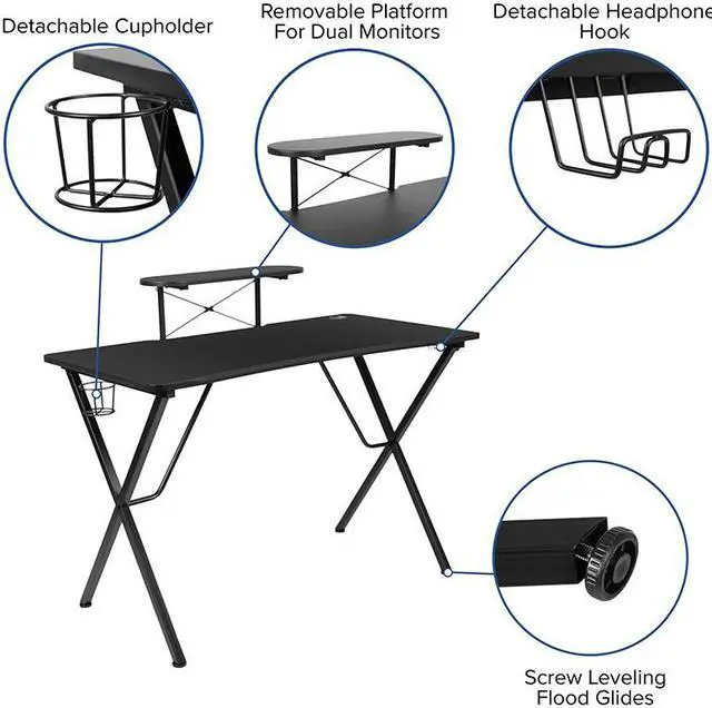 Alt view image 9 of 20 - Black Gaming Desk and Green/Black Racing Chair Set with Cup Holder, Headphone Hook, and Monitor/Smartphone Stand