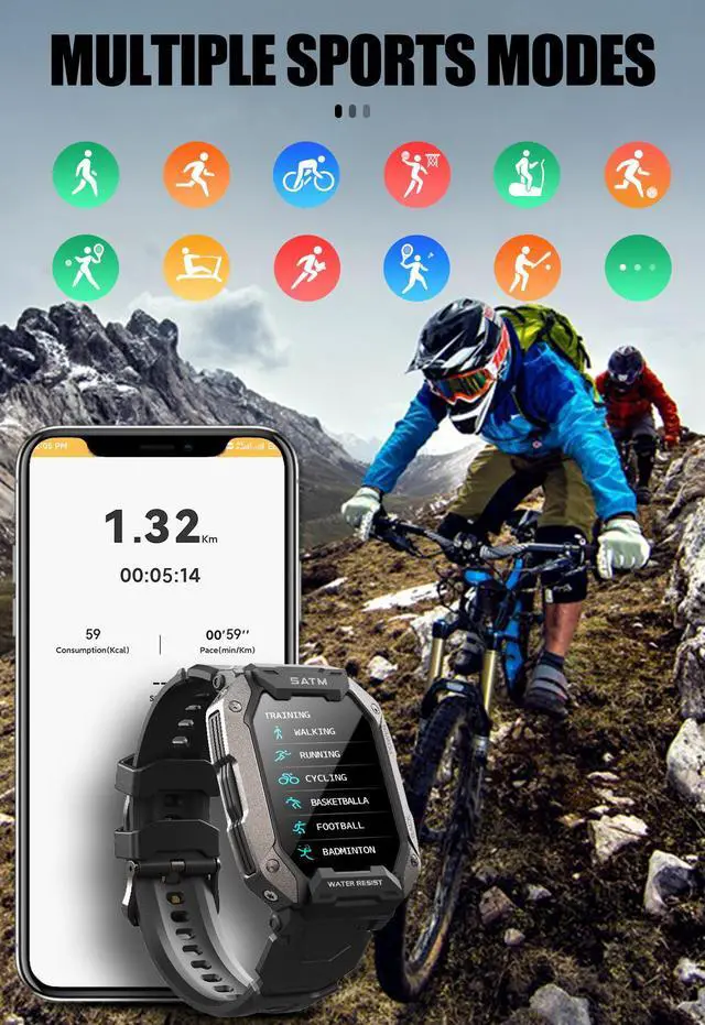 Alt view image 3 of 7 - Military Smart Watches for Men 5ATM Waterproof Outdoor Rugged Tactical Sports Smartwatch 1.72" HD Fitness Tracker with Heart Rate Sleep Monitor Android Smart Watch for iPhone Compatible with Samsung