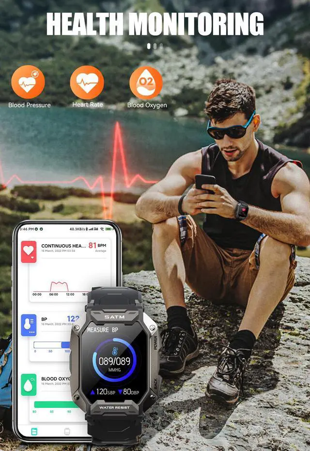 Alt view image 4 of 7 - Military Smart Watches for Men 5ATM Waterproof Outdoor Rugged Tactical Sports Smartwatch 1.72" HD Fitness Tracker with Heart Rate Sleep Monitor Android Smart Watch for iPhone Compatible with Samsung