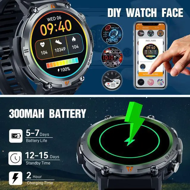 Alt view image 6 of 7 - Military Smart Watch for Men (Answer/Dial) Flashlight KE3 1.45 Rugged Smart Watch 100+ Sports Modes IP67 Waterproof Fitness Watch with Heart Rate Sleep Tracker Outdoor Tactical Smartwatch