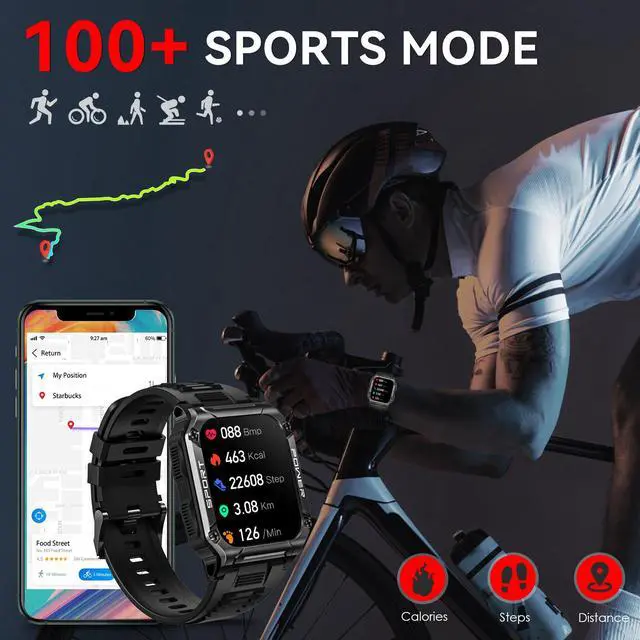 Alt view image 4 of 7 - Military Smart Watch for Men 1.95'' Smart Watch (Answer/Make Calls) with Compass Heart Rate Sleep Monitor 109 Sports Modes Fitness Tracker Watch Outdoor Tactical Rugged Smartwatch for iPhone Android