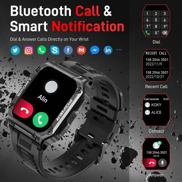 Alt view image 2 of 7 - Military Smart Watch for Men 1.95'' Smart Watch (Answer/Make Calls) with Compass Heart Rate Sleep Monitor 109 Sports Modes Fitness Tracker Watch Outdoor Tactical Rugged Smartwatch for iPhone Android