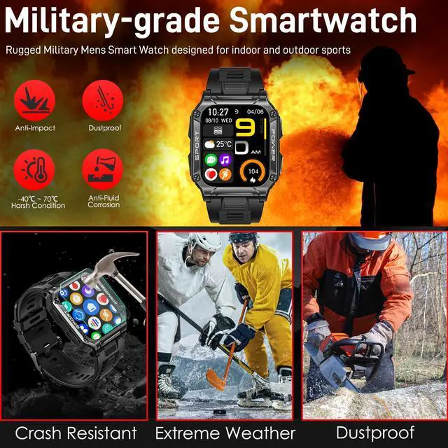 Alt view image 3 of 7 - Military Smart Watch for Men 1.95'' Smart Watch (Answer/Make Calls) with Compass Heart Rate Sleep Monitor 109 Sports Modes Fitness Tracker Watch Outdoor Tactical Rugged Smartwatch for iPhone Android