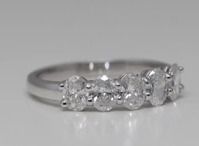 Alt view image 2 of 4 - 18k White Gold Oval Cut Five Stone Diamond Anniversary Ring (1.1 Ct,F Color,VS2-SI1 Clarity)