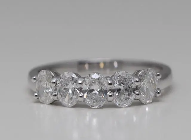 Alt view image 4 of 4 - 18k White Gold Oval Cut Five Stone Diamond Anniversary Ring (1.1 Ct,F Color,VS2-SI1 Clarity)
