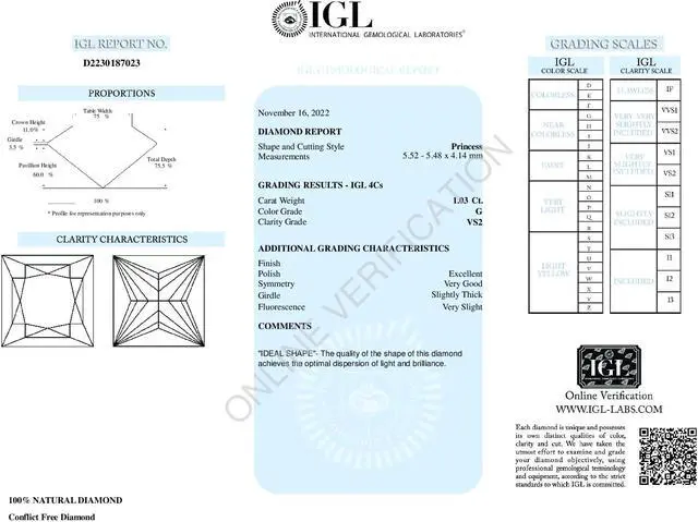 Alt view image 3 of 4 - Princess Diamond Solitaire Pendant Necklace 14k White Gold (1.03 Ct,G Color,VS2 Clarity) IGL Certified