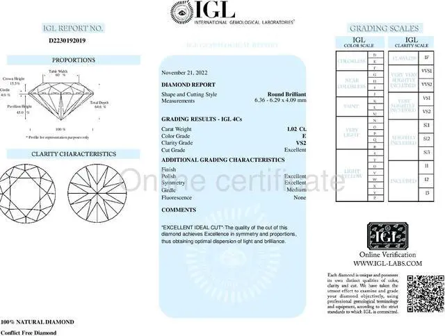 Alt view image 3 of 4 - Round Diamond Solitaire Pendant Necklace 14K White Gold (1.02 Ct,E Color,VS2 Clarity) IGL Certified