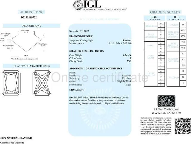 Alt view image 4 of 5 - Radiant Cut Loose Diamond (0.74 Ct,F Color,VS2 Clarity) IGL Certified