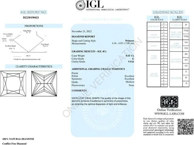 Alt view image 4 of 5 - Princess Cut Loose Diamond (0.43 Ct,G Color,VVS1 Clarity) IGL Certified