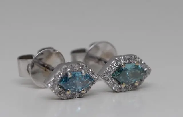 Alt view image 2 of 4 - 18k Gold Round & Halo Diamond Stud Earrings (Blue(Irradiated) & White Diamonds,Si2 Clarity)