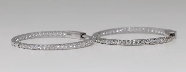 Alt view image 4 of 4 - 14k White Gold Round Cut Classic Hoop Diamond Earrings (0.9 Ct,H Color,VS Clarity)