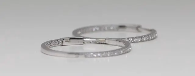Alt view image 3 of 4 - 14k White Gold Round Cut Classic Hoop Diamond Earrings (0.9 Ct,H Color,VS Clarity)