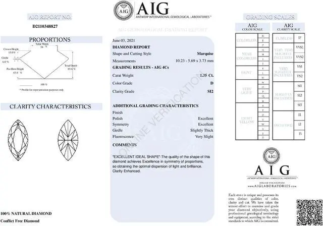 Alt view image 4 of 5 - Marquise Diamond Solitaire Pendant Necklace 14k White Gold (1.35 Ct,D Color,SI2(Enhanced) Clarity) AIG