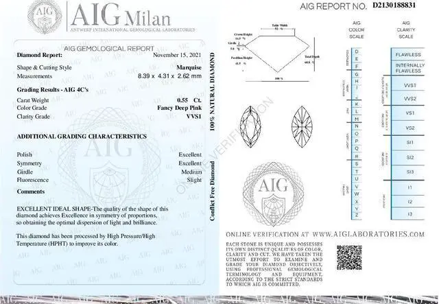 Alt view image 4 of 5 - Marquise Cut Loose Diamond (0.55 Ct,Pink(Hpht,Irradiated) Color,VS2 Clarity) AIG Certified