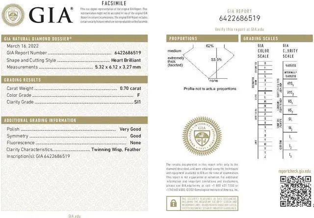 Alt view image 4 of 5 - Heart Cut Loose Diamond (0.7 Ct,F Color,SI1 Clarity) GIA Certified