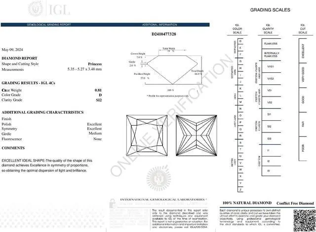 Alt view image 4 of 5 - Princess Cut Natural Mined Loose Diamond (0.81 Ct,D Color,SI2 Clarity) IGL Certified