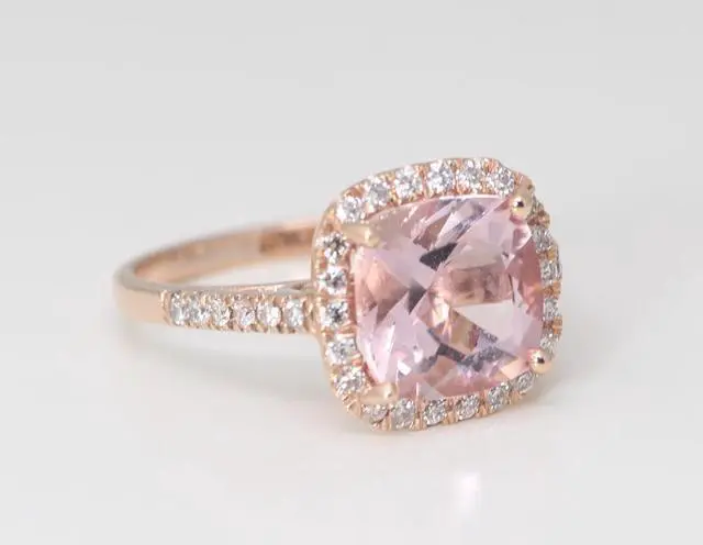 Alt view image 2 of 4 - 14k Rose Gold Cushion Natural Mined Morganite & Diamond Halo Ring (Pink Morganite & White Diamonds VS2)