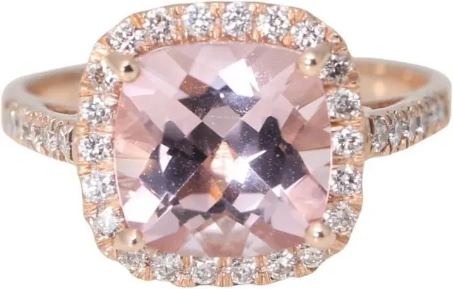 Main image of 14k Rose Gold Cushion Natural Mined Morganite & Diamond Halo Ring (Pink Morganite & White Diamonds VS2)