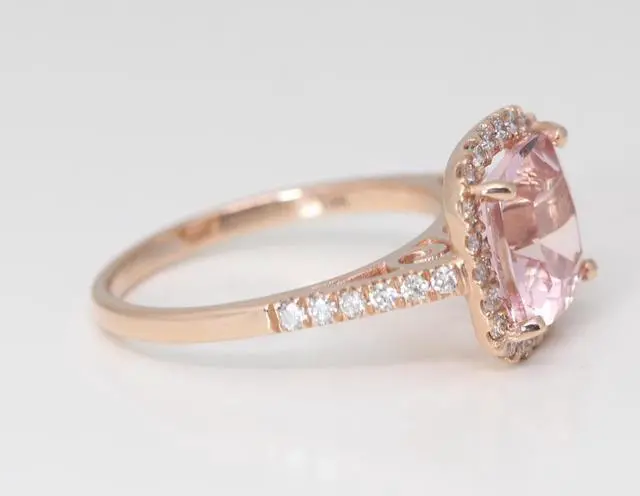Alt view image 3 of 4 - 14k Rose Gold Cushion Natural Mined Morganite & Diamond Halo Ring (Pink Morganite & White Diamonds VS2)