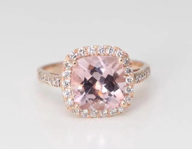 Alt view image 4 of 4 - 14k Rose Gold Cushion Natural Mined Morganite & Diamond Halo Ring (Pink Morganite & White Diamonds VS2)