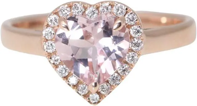 Main image of 14k Rose Gold Heart Natural Mined Morganite & Diamond Halo Ring (Pink Morganite & White Diamonds VS2)