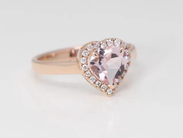 Alt view image 2 of 4 - 14k Rose Gold Heart Natural Mined Morganite & Diamond Halo Ring (Pink Morganite & White Diamonds VS2)
